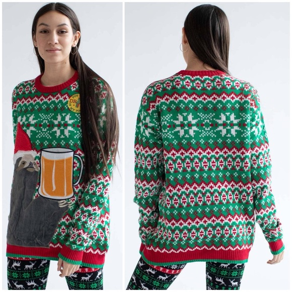 BLIZZARD BAY L Ugly Christmas Sweater • Holiday Sloth Beer Mug Pocket Pullover - Picture 11 of 14
